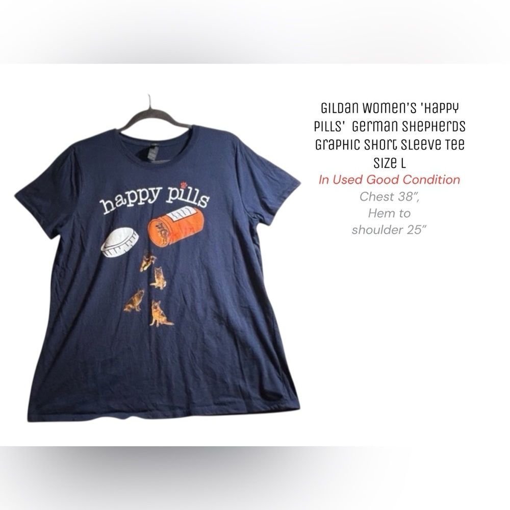 Gildan “Happy Pills” German Shepherd Graphic Tee – Women’s Large